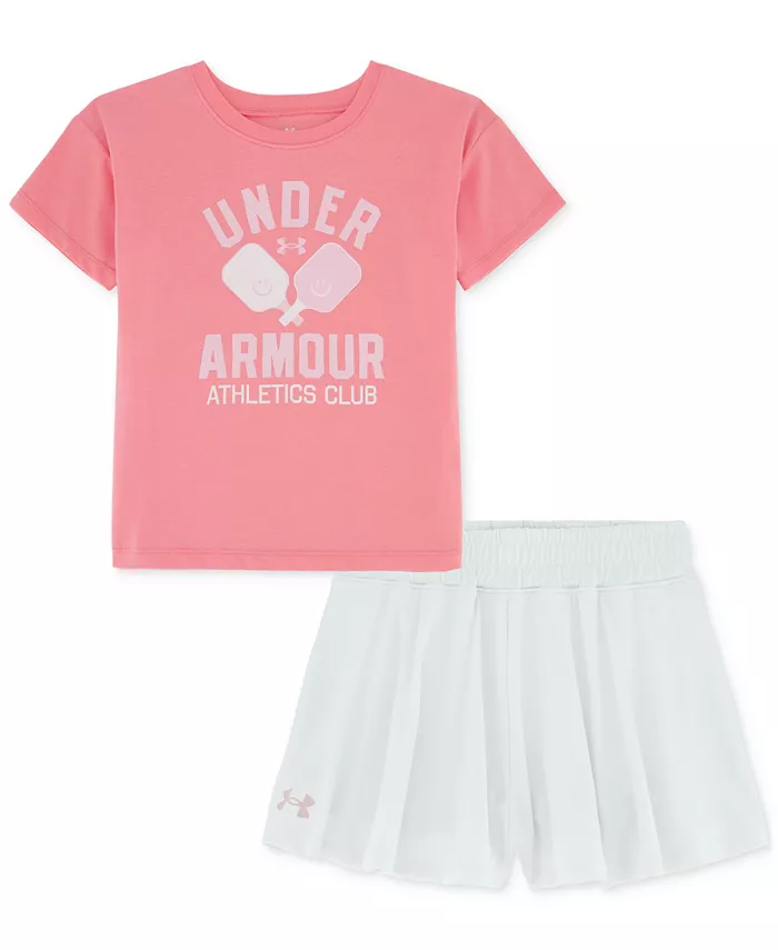 Детский комплект для девочек: футболка и шорты с расклешенными ножками в стиле многослойности, 2 предмета Under Armour, розовый
Детский комплект для девочек: футболка и шорты с расклешенными ножками в стиле многослойности, 2 предмета Under Armour, розовый