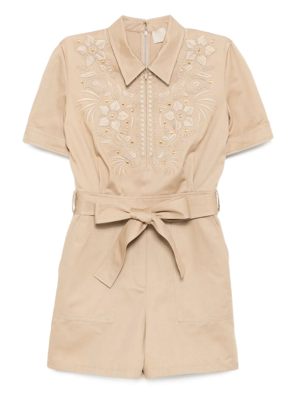 Габардиновый комбинезон с вышивкой Elie Saab, нейтральный 
Габардиновый комбинезон с вышивкой Elie Saab, нейтральный