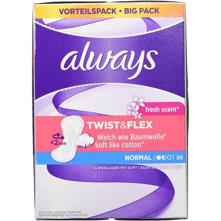 Обычные свежие ежедневные прокладки Always Twist & Flex
Обычные свежие ежедневные прокладки Always Twist & Flex