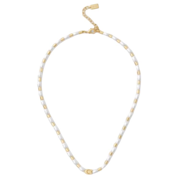 COACH Стеклянное ожерелье с искусственными жемчужинами и медью, золотое
COACH Стеклянное ожерелье с искусственными жемчужинами и медью, золотое