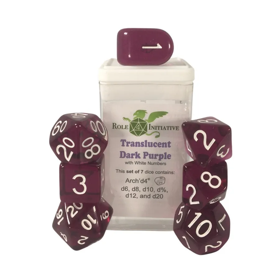 Многогранные игральные кости — полупрозрачные темно-фиолетовые с белым и Arch’d4 (7), Game Dice - Translucent (Role 4 Initiative)
Многогранные игральные кости — полупрозрачные темно-фиолетовые с белым и Arch’d4 (7), Game Dice - Translucent (Role 4 Initiative)
