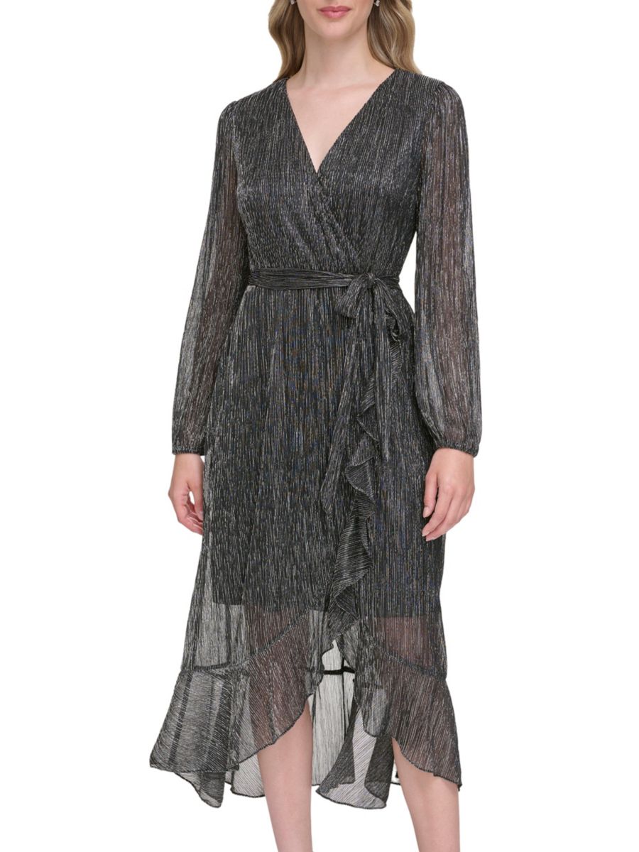 Платье миди с поясом и жатым металликом Kensie, цвет Black Gunmetal 
Платье миди с поясом и жатым металликом Kensie, цвет Black Gunmetal