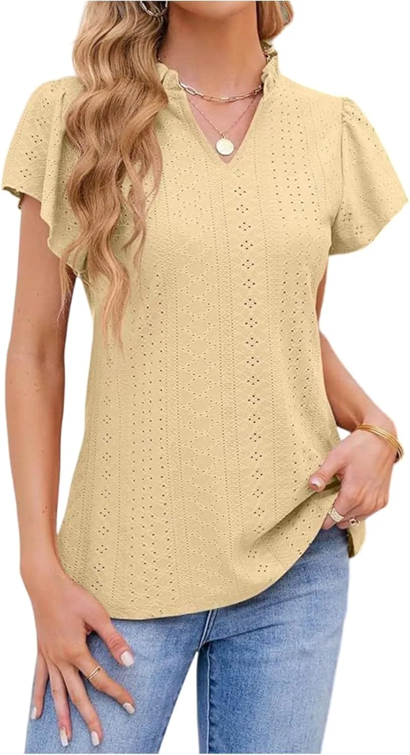 Женская блузка с коротким рукавом, кружевной отделкой и воротником-рюшем
Женская блузка с коротким рукавом, кружевной отделкой и воротником-рюшем