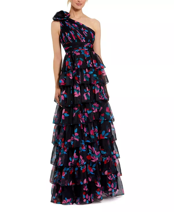 Платье с одним открытым плечом из шифона с принтом и многоярусными оборками. Mac Duggal, черный
Платье с одним открытым плечом из шифона с принтом и многоярусными оборками. Mac Duggal, черный