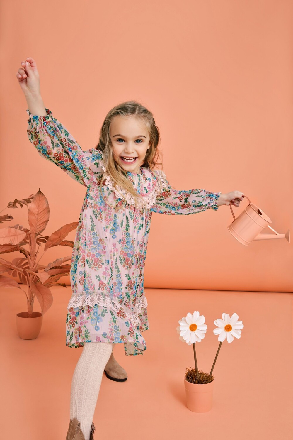 Платье с длинными рукавами в полоску и цветочный узор Monsoon, розовый