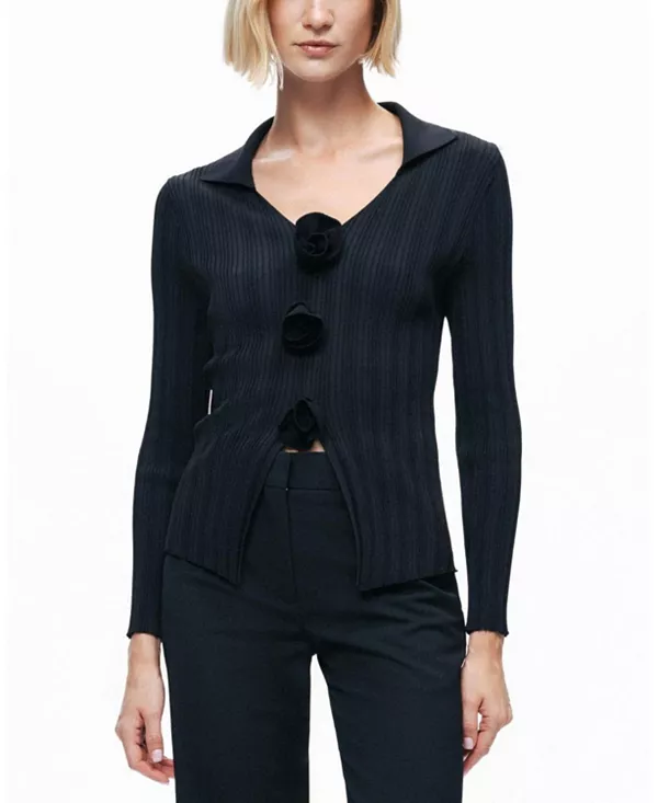 Свитер с V-образным вырезом в рубчик, украшенный цветочным рисунком Nocturne, черный
Свитер с V-образным вырезом в рубчик, украшенный цветочным рисунком Nocturne, черный