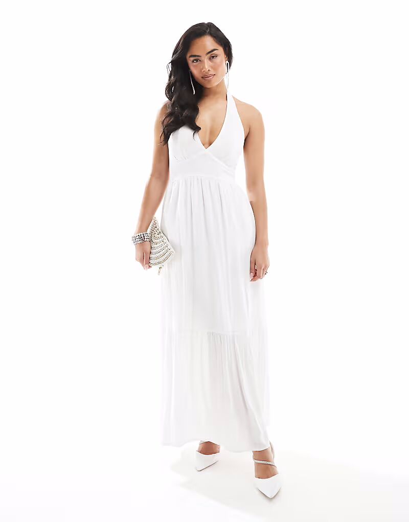 Платье макси Hollister с вырезом халтернек и разрезом белого цвета 
Платье макси Hollister с вырезом халтернек и разрезом белого цвета