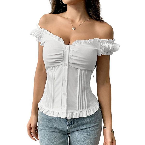 Женская блузка с коротким рукавом, рюшами и пуговицами в стиле Y2K Yesfashion, White
Женская блузка с коротким рукавом, рюшами и пуговицами в стиле Y2K Yesfashion, White