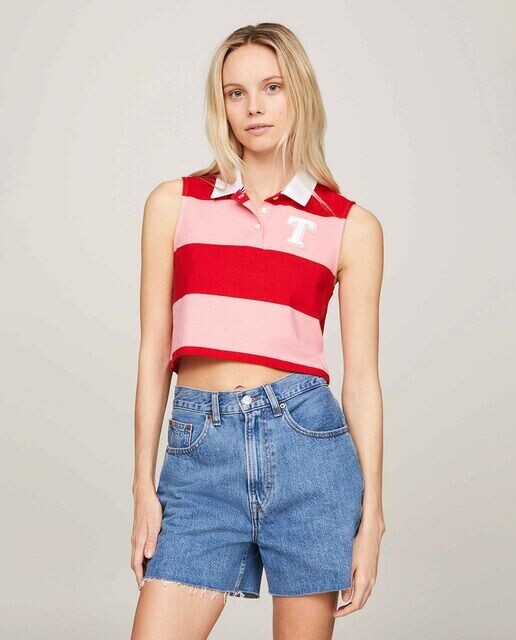 Полосатая женская рубашка-поло без рукавов Tommy Jeans, светло-розовый 
Полосатая женская рубашка-поло без рукавов Tommy Jeans, светло-розовый