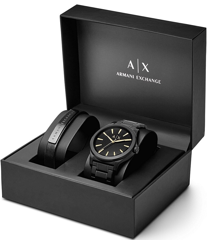 Комплект аналоговых часов-браслета и кожаного ремешка AX Armani Exchange, черный
Комплект аналоговых часов-браслета и кожаного ремешка AX Armani Exchange, черный