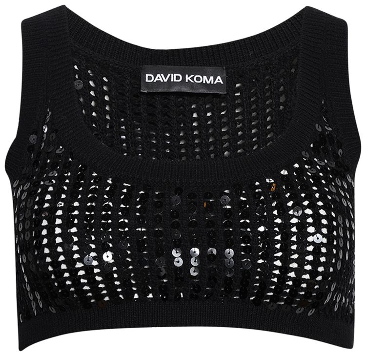 Укороченный вязаный топ David Koma с пайетками и вышивкой, черный
Укороченный вязаный топ David Koma с пайетками и вышивкой, черный