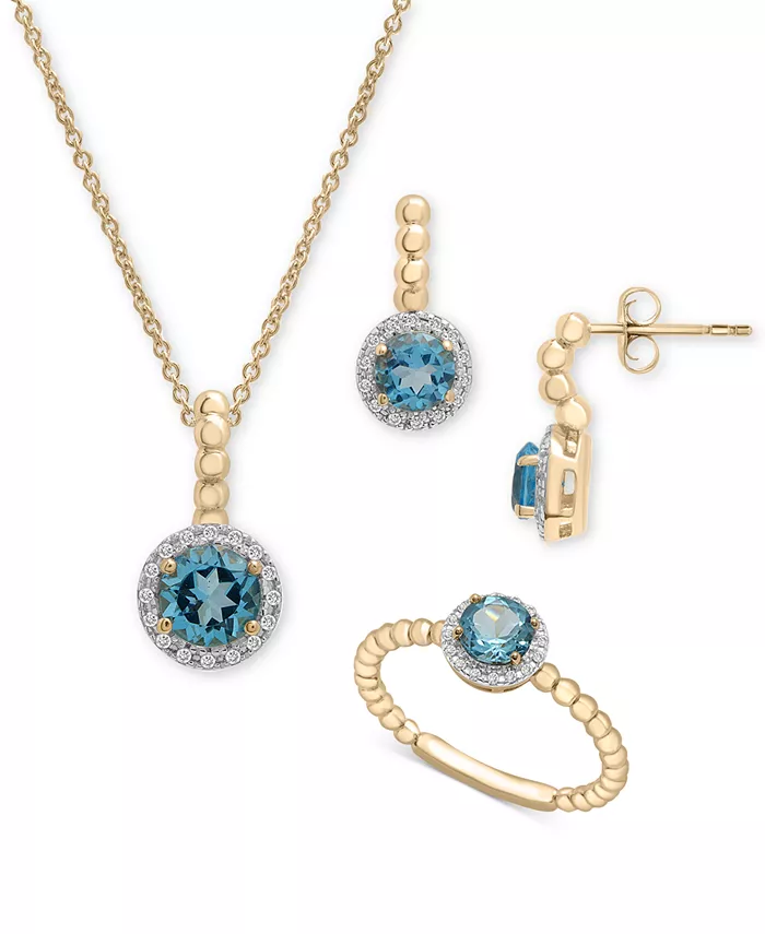 Комплект из трёх кулонов с голубым топазом (1-3/4 карата) и бриллиантами, кольцо и серьги-подвески из стерлингового серебра с позолотой 14 карат Macy's
Комплект из трёх кулонов с голубым топазом (1-3/4 карата) и бриллиантами, кольцо и серьги-подвески из стерлингового серебра с позолотой 14 карат Macy's