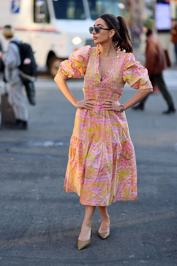 Платье миди с присборенной отделкой «Астрид Мрамор» Jessie Zhao, оранжевый/розовый 
Платье миди с присборенной отделкой «Астрид Мрамор» Jessie Zhao, оранжевый/розовый