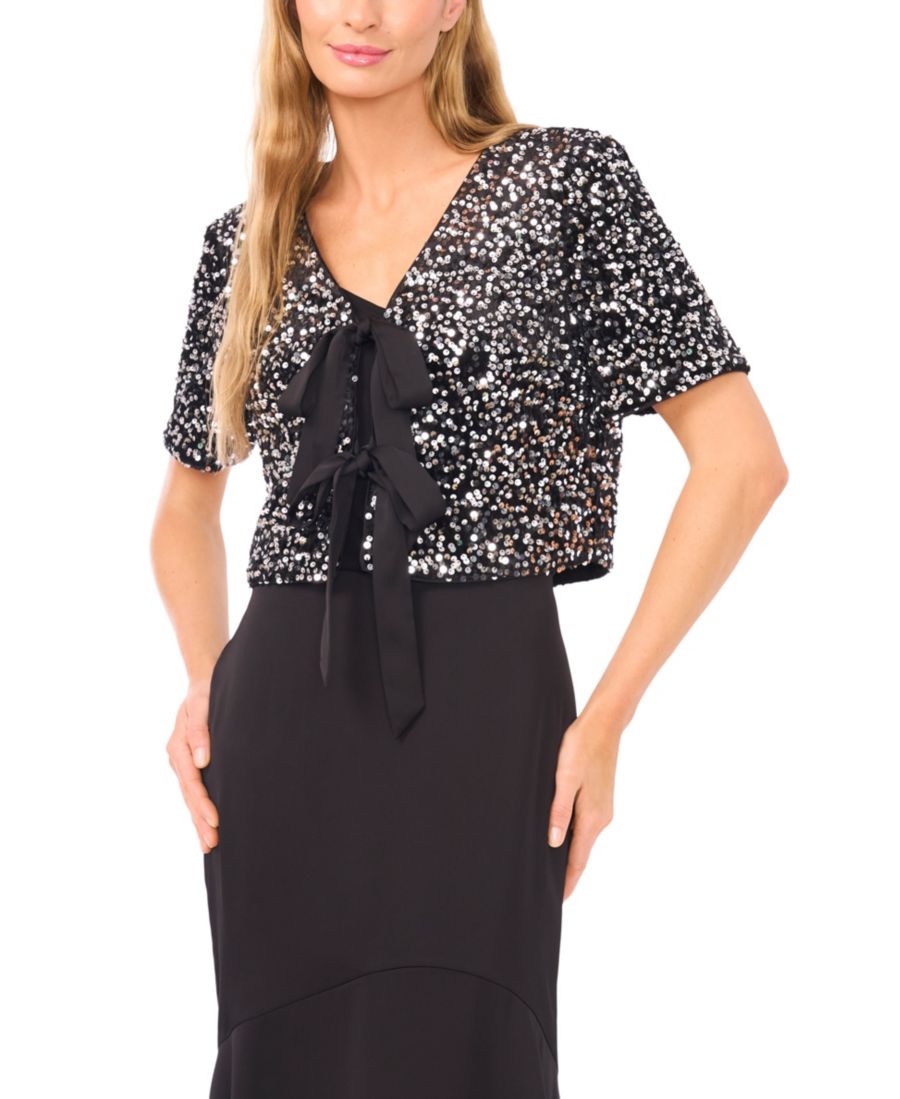 Женский укороченный бархатный топ с пайетками и короткими рукавами CeCe, Black/Silver
Женский укороченный бархатный топ с пайетками и короткими рукавами CeCe, Black/Silver