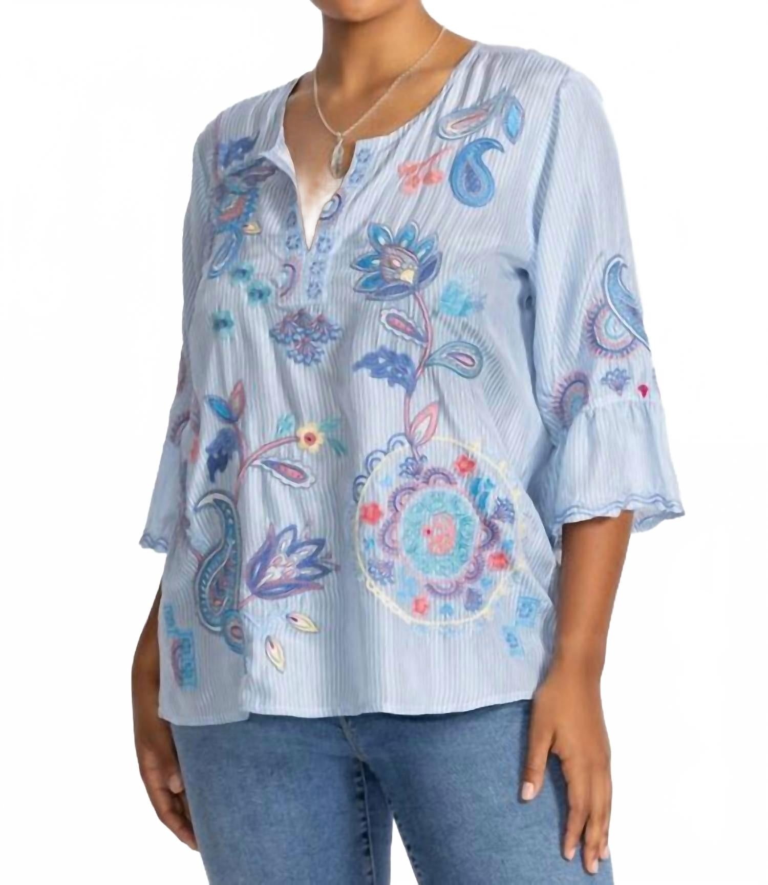 Женская блузка Neilly Plus с оборками на рукавах в полоску Barine (синяя) Johnny Was
Женская блузка Neilly Plus с оборками на рукавах в полоску Barine (синяя) Johnny Was