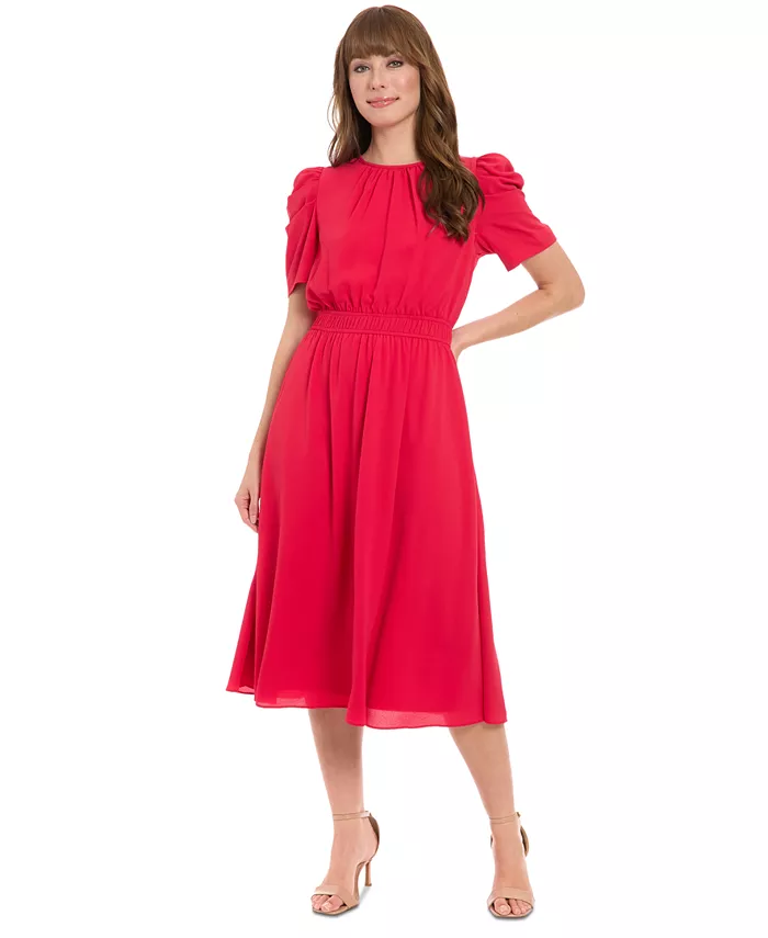 Женское платье миди с присборенным вырезом "лодочка" Jewel-Neck London Times, красный 
Женское платье миди с присборенным вырезом "лодочка" Jewel-Neck London Times, красный