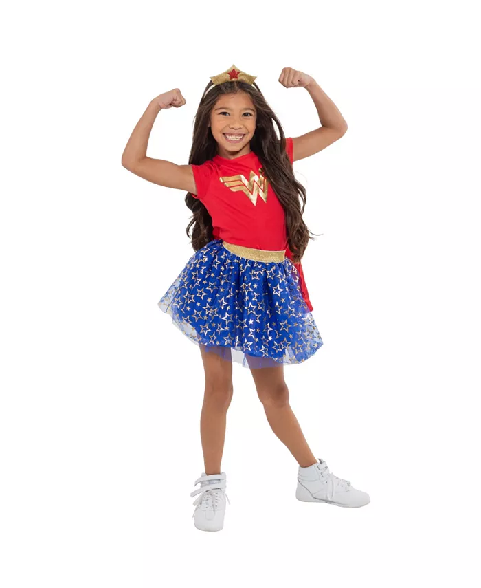 Футболка с костюмом Чудо-женщины DC Comics, тюлевая юбка, повязка на голову и накидка (4 предмета) Justice League, красный 
Футболка с костюмом Чудо-женщины DC Comics, тюлевая юбка, повязка на голову и накидка (4 предмета) Justice League, красный