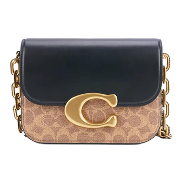 Кожаная змеиная мини-сумка через плечо женская черно-коричневая желтая COACH