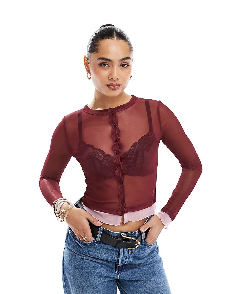 Сетчатый укороченный топ ASOS DESIGN на пуговицах с контрастной отделкой бордового цвета 
Сетчатый укороченный топ ASOS DESIGN на пуговицах с контрастной отделкой бордового цвета