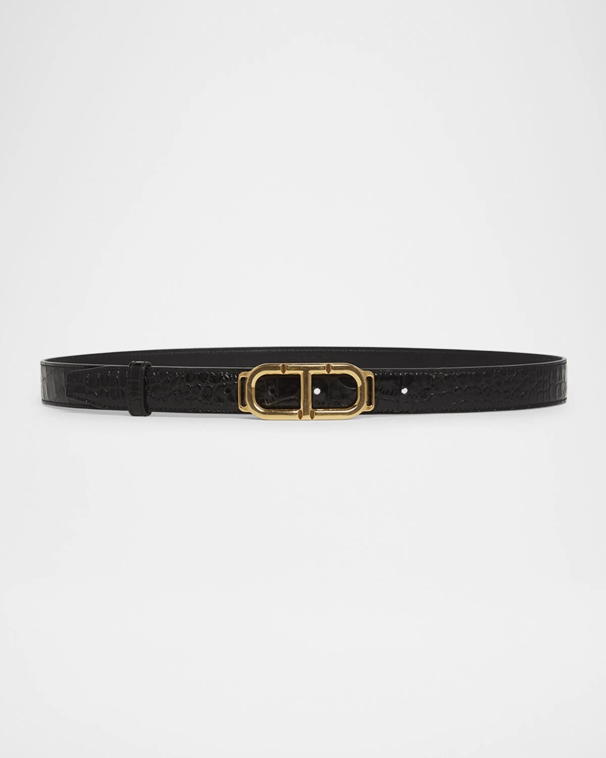 Узкий ремень из глянцевой кожи с тиснением под крокодила Tom Ford, черный
Узкий ремень из глянцевой кожи с тиснением под крокодила Tom Ford, черный