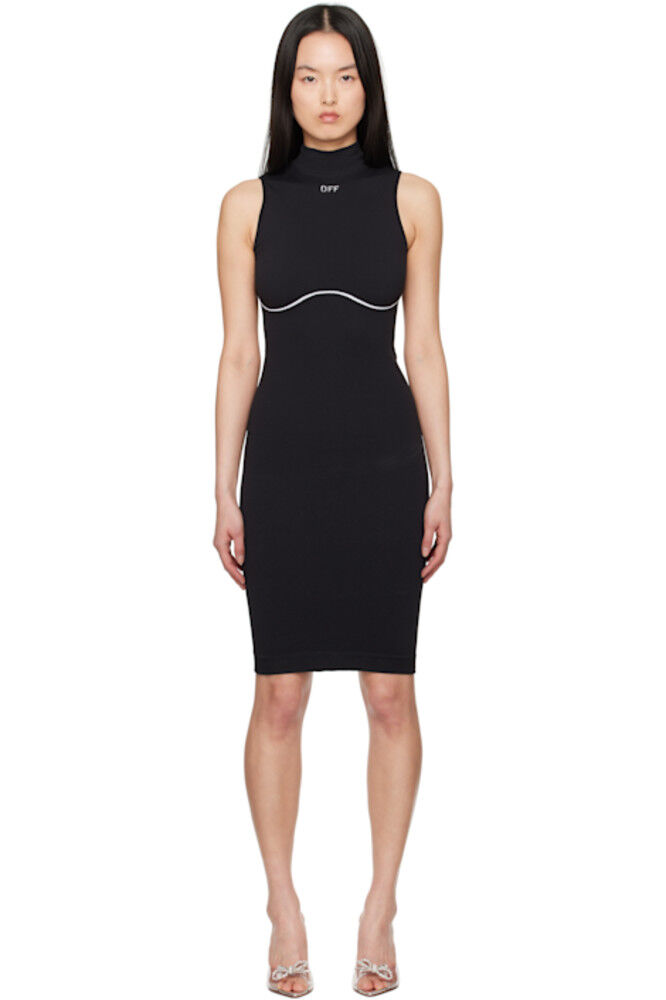 Черное бесшовное мини-платье со штампом Off-White 
Черное бесшовное мини-платье со штампом Off-White