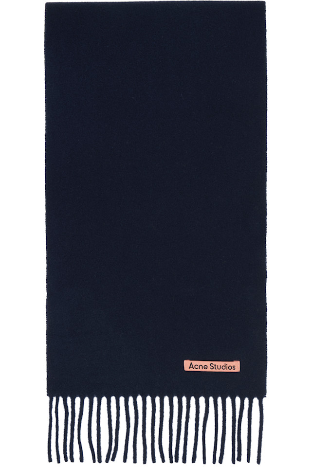 Acne Studios Узкий шерстяной шарф темно-синего цвета с бахромой
Acne Studios Узкий шерстяной шарф темно-синего цвета с бахромой
