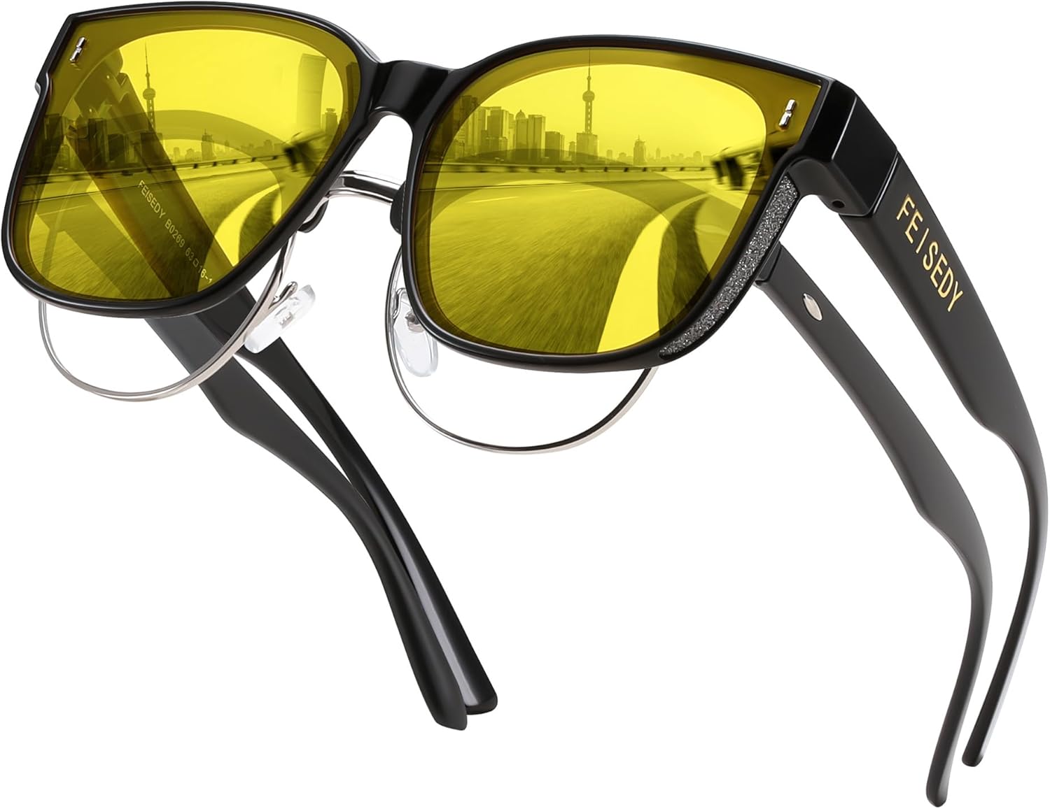 Солнцезащитные очки FEISEDY, надеваемые поверх обычных очков, увеличенного размера, поляризованные, блестящие, для женщин, защита от ультрафиолета UV400, артикул B0269, Yellow Lens - Black Frame
Солнцезащитные очки FEISEDY, надеваемые поверх обычных очков, увеличенного размера, поляризованные, блестящие, для женщин, защита от ультрафиолета UV400, артикул B0269, Yellow Lens - Black Frame