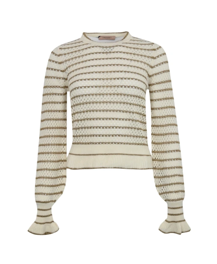 Сетчатый свитер с люрексовыми полосками Twinset, бежевый
Сетчатый свитер с люрексовыми полосками Twinset, бежевый