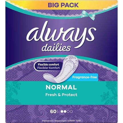 Дышащие прокладки для трусов Always Dailies Normal Fresh & Protect с впитывающей сердцевиной, 60 шт.
Дышащие прокладки для трусов Always Dailies Normal Fresh & Protect с впитывающей сердцевиной, 60 шт.