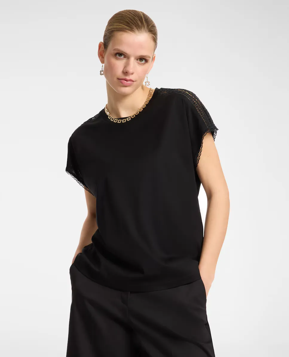 Женская футболка с кружевной аппликацией на плечах Elena Miró, черный
Женская футболка с кружевной аппликацией на плечах Elena Miró, черный