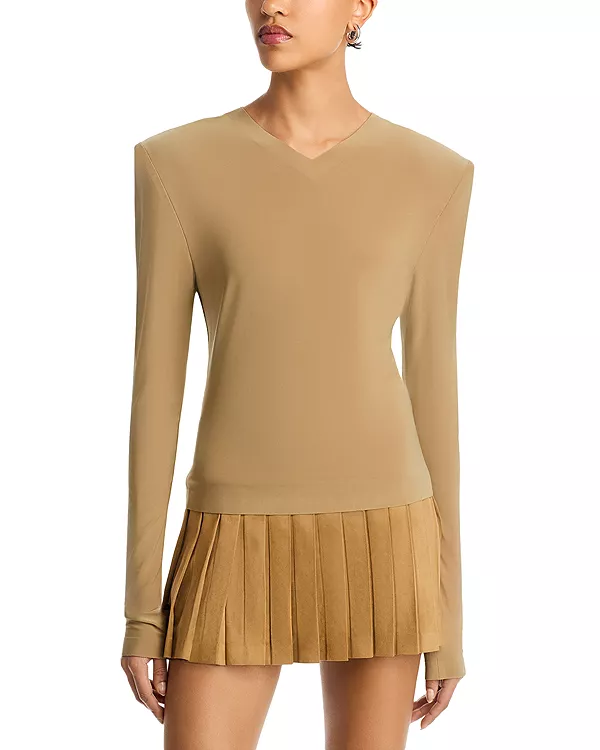 Топ с длинными рукавами и подплечниками, V-образным вырезом Norma Kamali, бежевый
Топ с длинными рукавами и подплечниками, V-образным вырезом Norma Kamali, бежевый