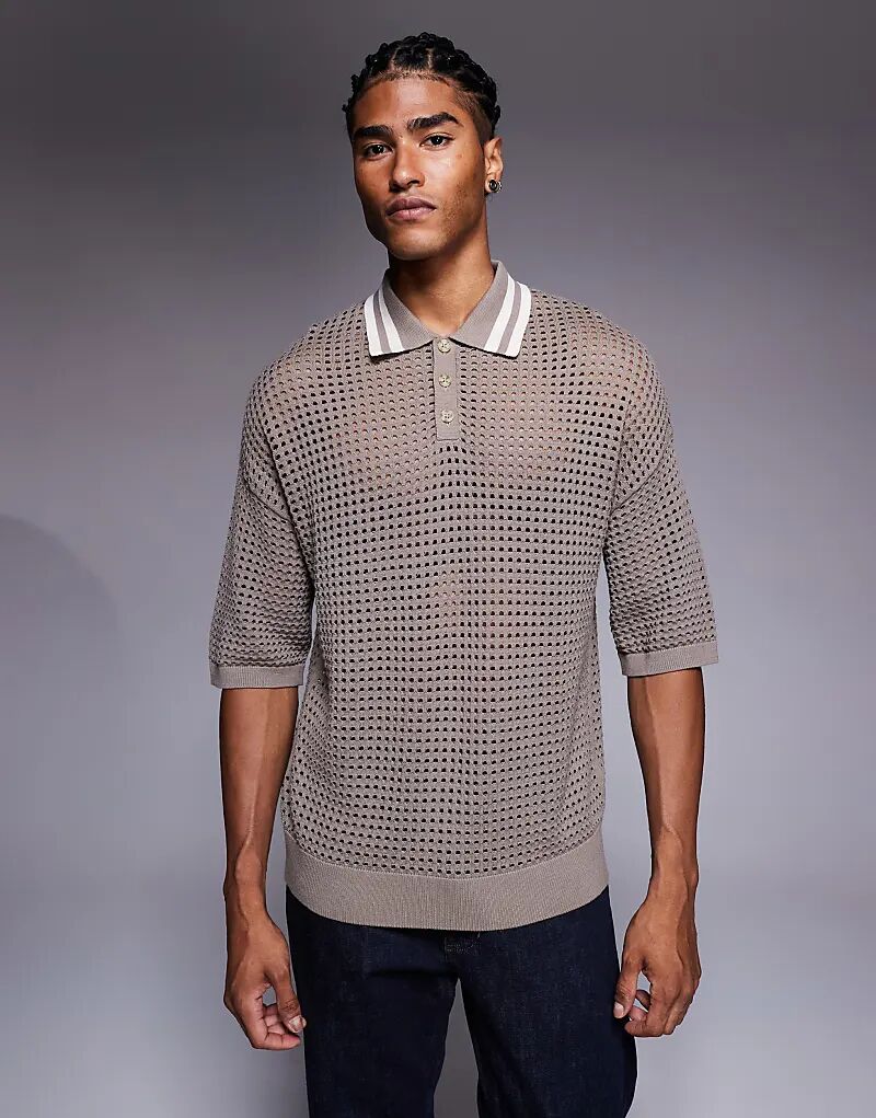 Свободный трикотажный поло свободного кроя ASOS DESIGN с отделкой на воротнике коричневого цвета 
Свободный трикотажный поло свободного кроя ASOS DESIGN с отделкой на воротнике коричневого цвета