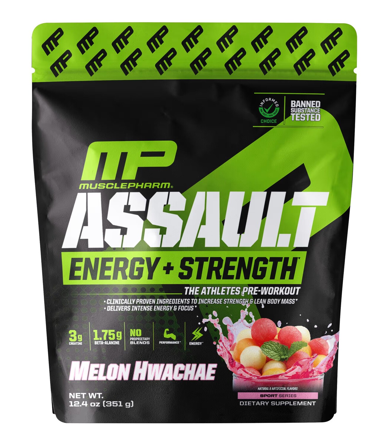 Assault Energy + Strength, Предтренировочный комплекс, дыня хвачэ, 12,4 унции (351 г) Musclepharm
Assault Energy + Strength, Предтренировочный комплекс, дыня хвачэ, 12,4 унции (351 г) Musclepharm