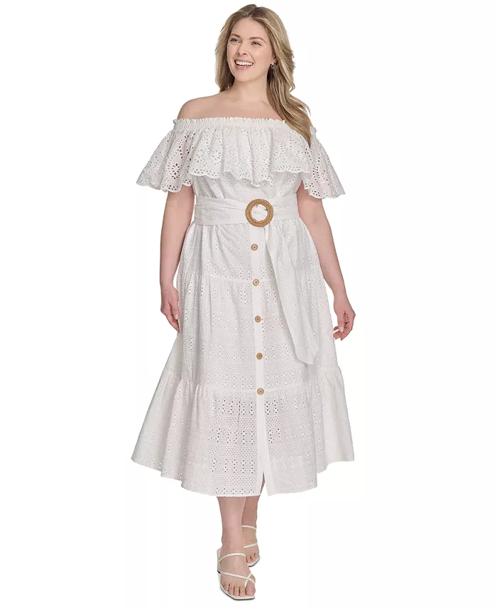 Платье миди больших размеров с открытыми плечами и поясом Eliza J, слоновая кость/кремовый