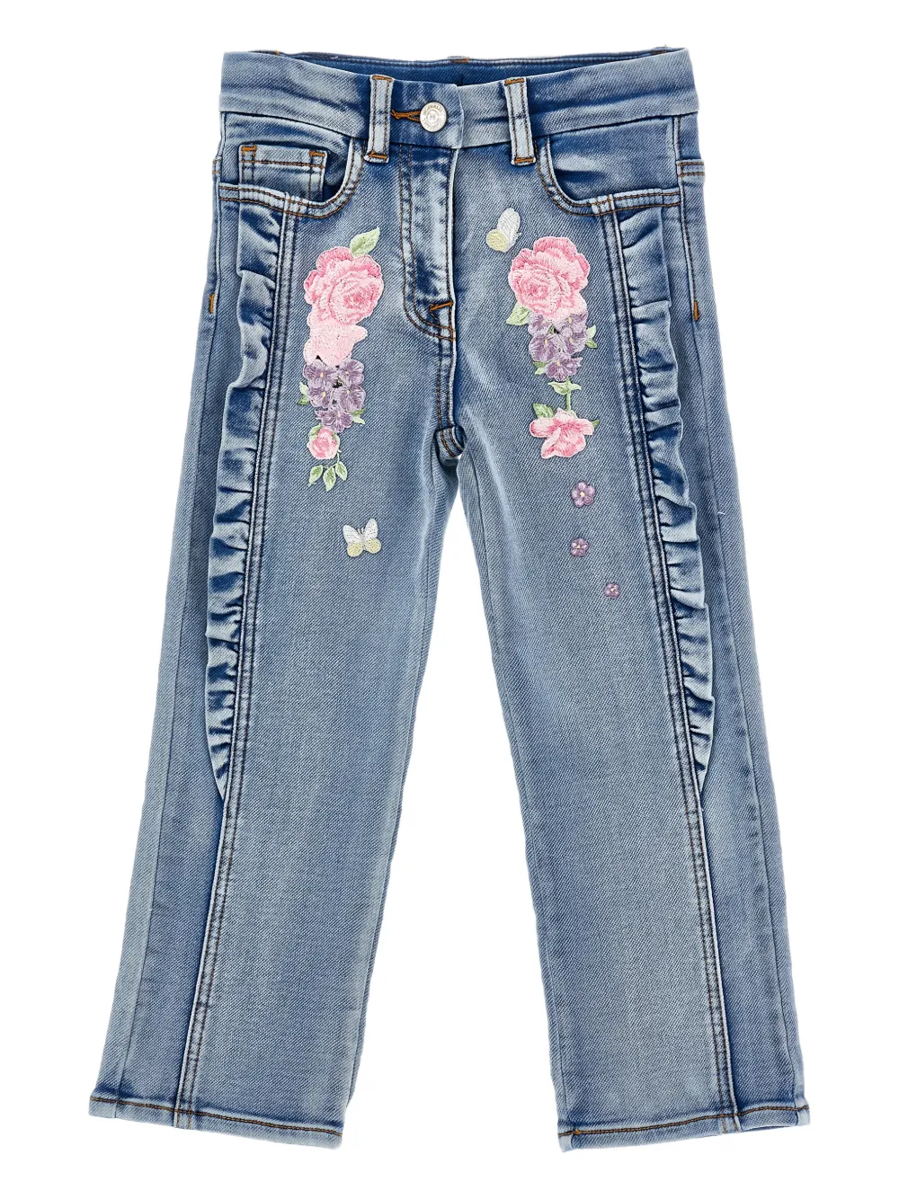 Джинсы с оборками и цветочной вышивкой Monnalisa, синий
Джинсы с оборками и цветочной вышивкой Monnalisa, синий