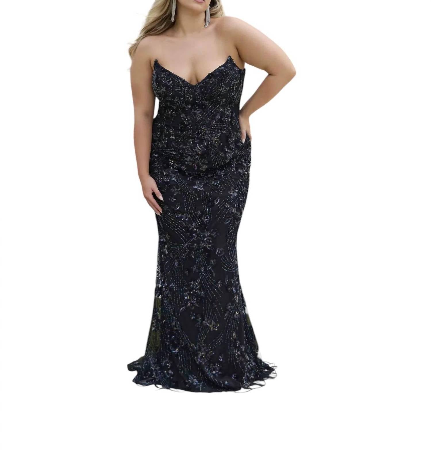 Черное вечернее платье с V-образным вырезом без бретелей Primavera
Черное вечернее платье с V-образным вырезом без бретелей Primavera