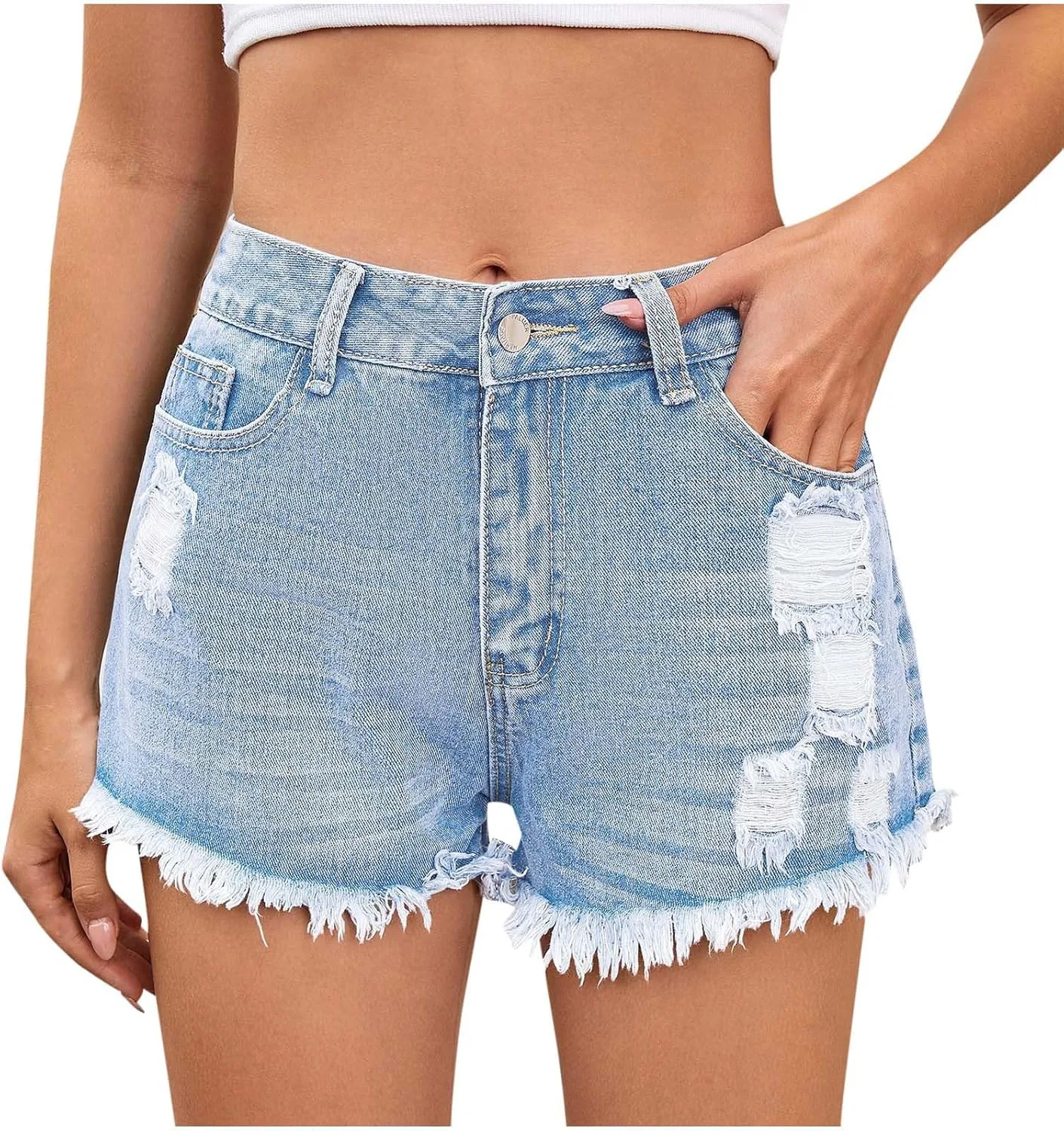 Женские джинсовые шорты High Waisted с потертостями и рваным краем
Женские джинсовые шорты High Waisted с потертостями и рваным краем