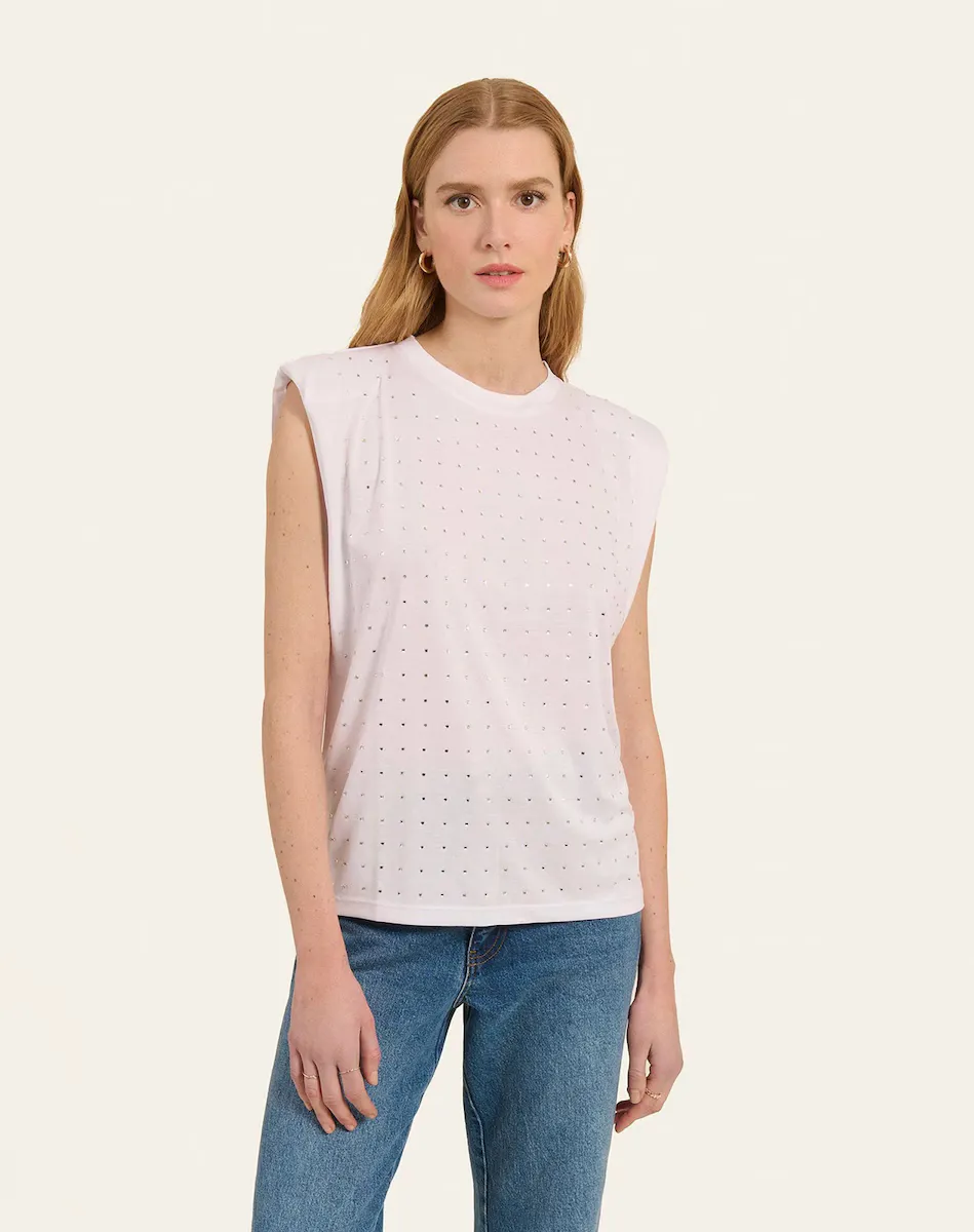 Женская футболка с камнями и плечевыми вставками Naf Naf, белый 
Женская футболка с камнями и плечевыми вставками Naf Naf, белый