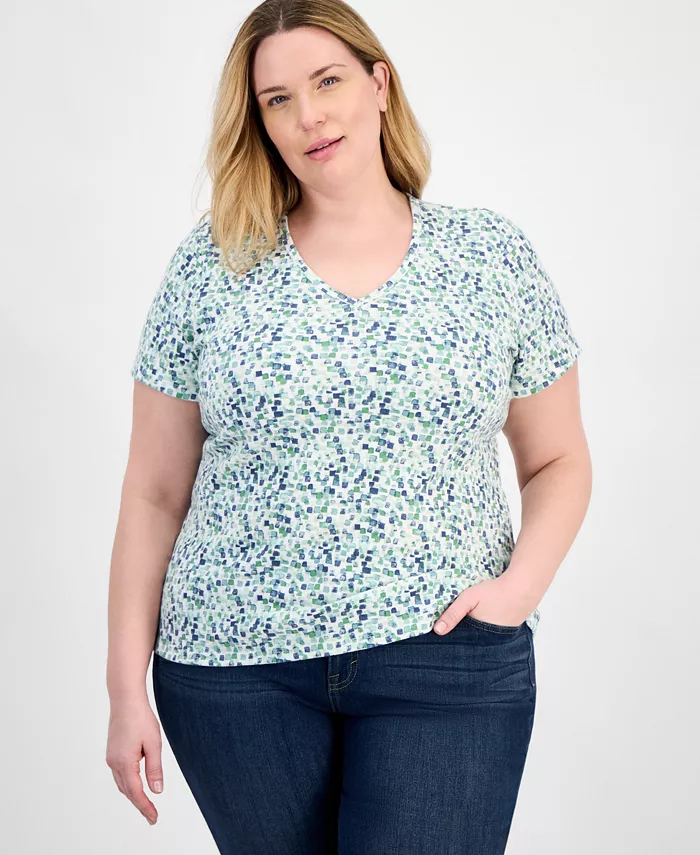 Футболка с V-образным вырезом и принтом больших размеров Style & Co, зеленый 
Футболка с V-образным вырезом и принтом больших размеров Style & Co, зеленый