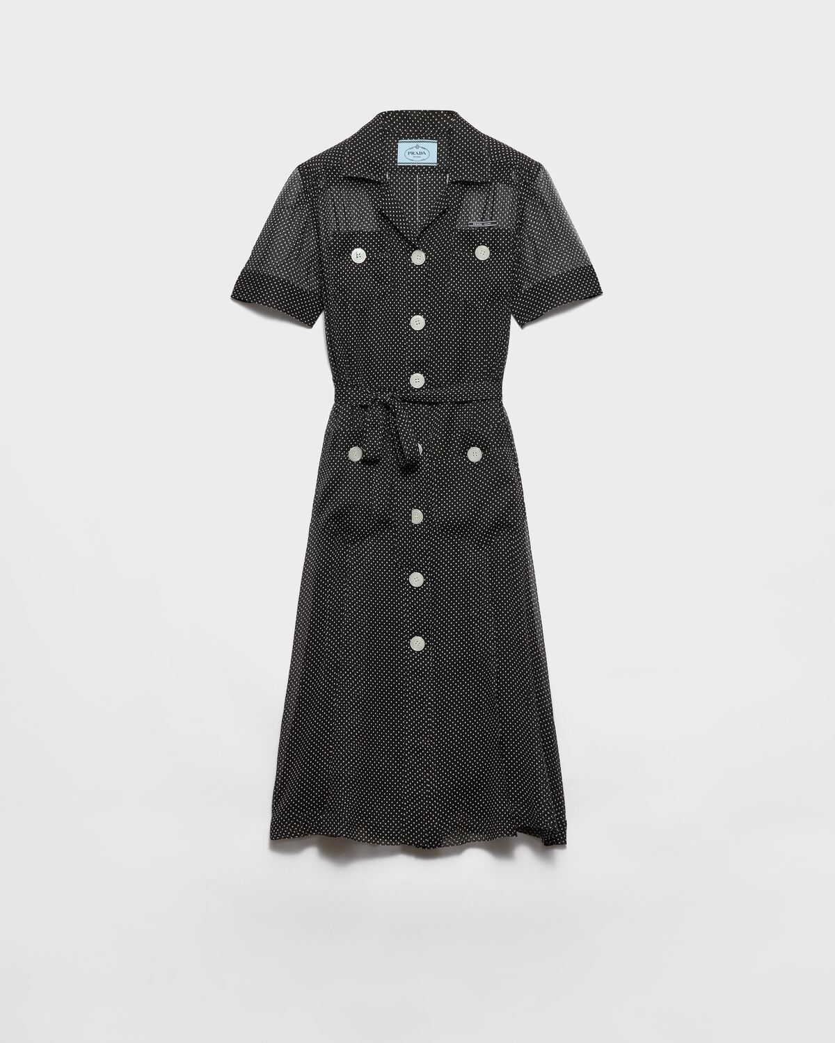 Шелковое шифоновое платье-рубашка в горох Prada, черный
Шелковое шифоновое платье-рубашка в горох Prada, черный