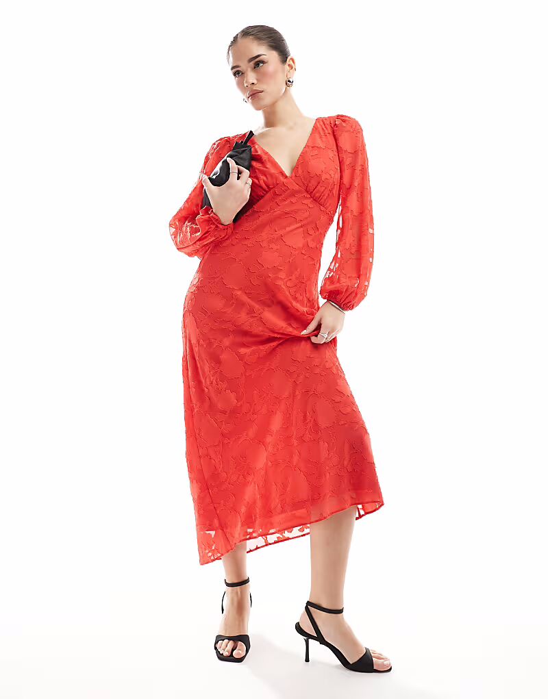 Платье миди с длинными рукавами New Look devore красного цвета 
Платье миди с длинными рукавами New Look devore красного цвета