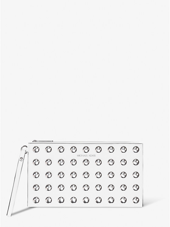 Большой клатч Jet Set из зернистой кожи с заклепками Michael Kors, белый 
Большой клатч Jet Set из зернистой кожи с заклепками Michael Kors, белый