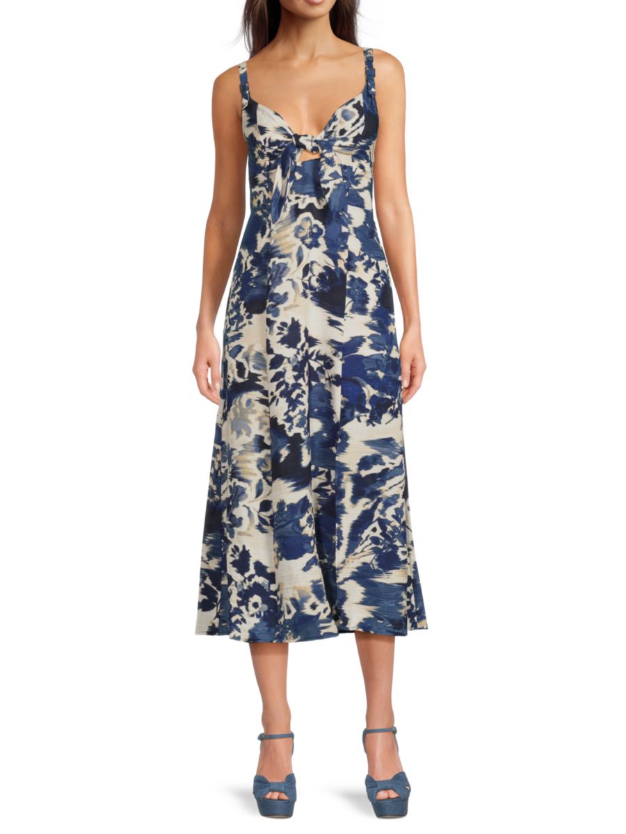 Платье миди А-силуэта с абстрактным принтом и завязкой спереди DKNY, цвет Navy Multi 
Платье миди А-силуэта с абстрактным принтом и завязкой спереди DKNY, цвет Navy Multi