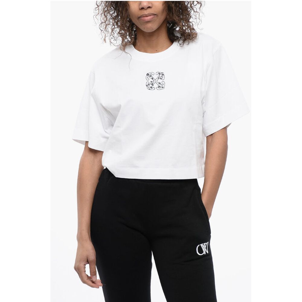 Укороченная футболка с круглым вырезом и логотипом, украшенным стразами Off-White, White
Укороченная футболка с круглым вырезом и логотипом, украшенным стразами Off-White, White