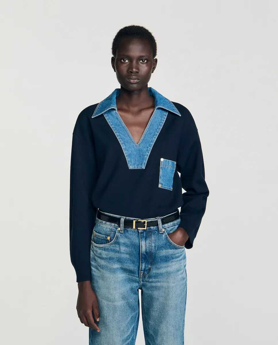 Женский свитер с джинсовыми деталями Sandro, темно-синий
Женский свитер с джинсовыми деталями Sandro, темно-синий