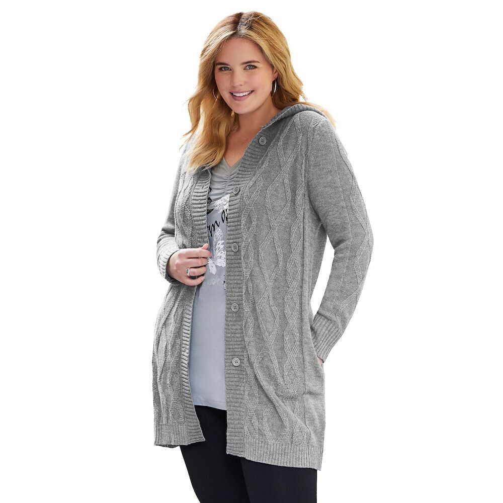 Женщина в женском кардигане с капюшоном больших размеров Woman Within, цвет Medium Heather Grey