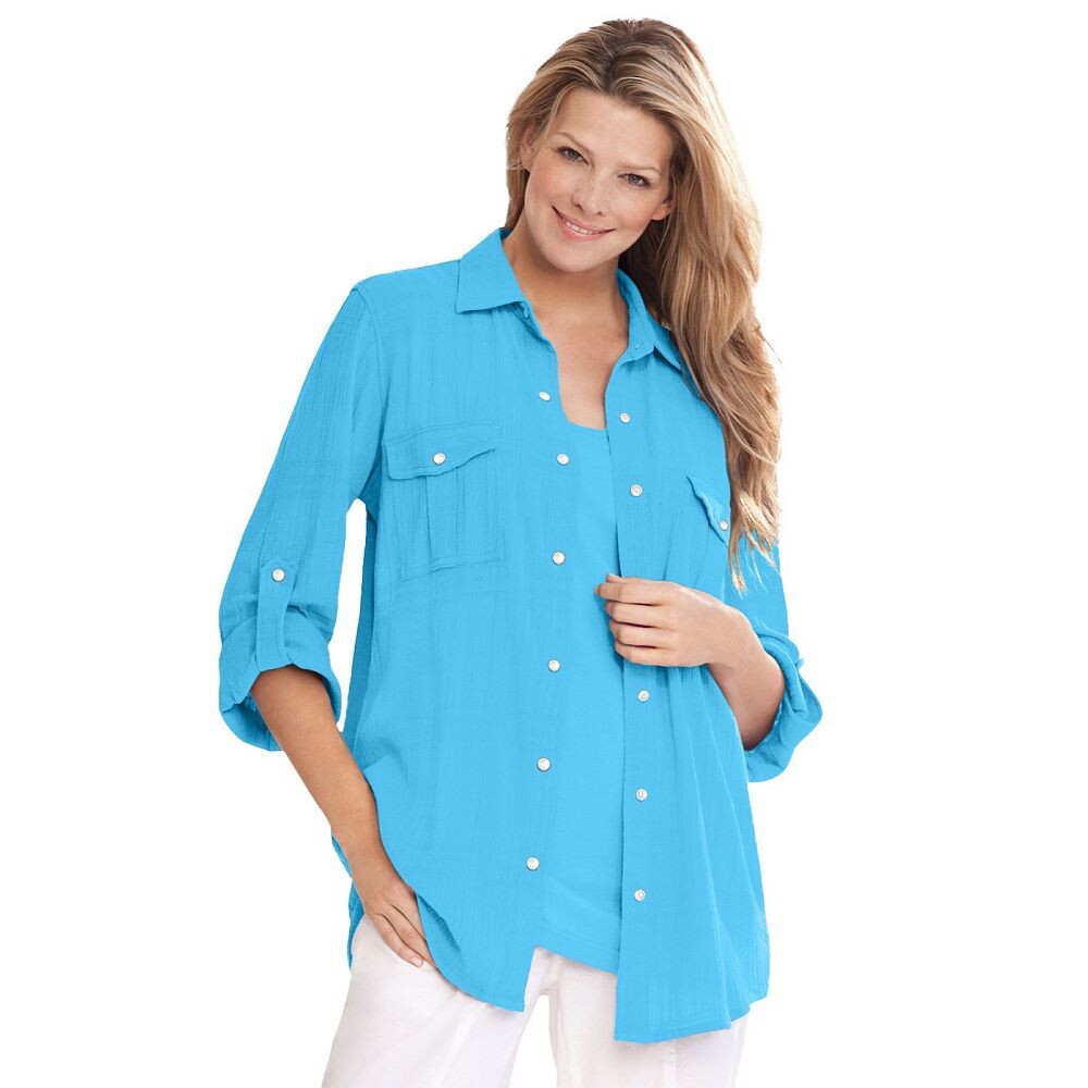 Женщина в женской большой рубашке из хлопковой марли больших размеров Woman Within, цвет Paradise Blue 
Женщина в женской большой рубашке из хлопковой марли больших размеров Woman Within, цвет Paradise Blue