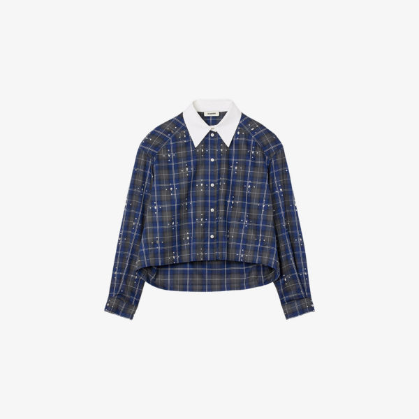 Рубашка Sandro из хлопка в клетку свободного кроя с украшением из стразов, синий
Рубашка Sandro из хлопка в клетку свободного кроя с украшением из стразов, синий