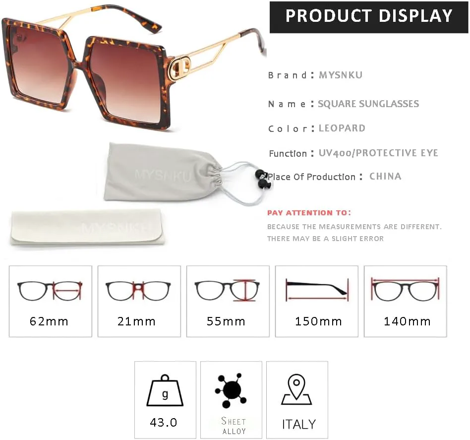 Женские солнцезащитные очки MYSNKU с индивидуальным дизайном, модные цельные солнцезащитные очки, металлические, увеличенного квадратного размера, Leopard
Женские солнцезащитные очки MYSNKU с индивидуальным дизайном, модные цельные солнцезащитные очки, металлические, увеличенного квадратного размера, Leopard