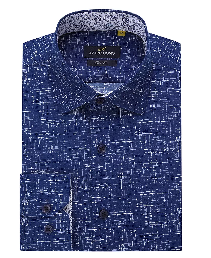 Мужская деловая геометрическая рубашка на пуговицах с длинным рукавом Azaro Uomo, синий 
Мужская деловая геометрическая рубашка на пуговицах с длинным рукавом Azaro Uomo, синий